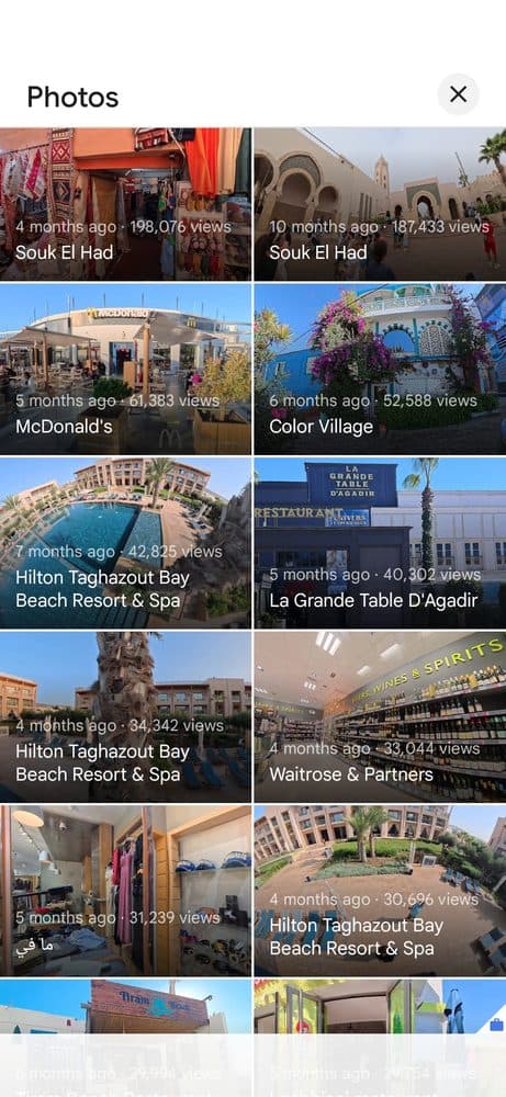 Google Maps showing 3.2 million photo views in Agadir