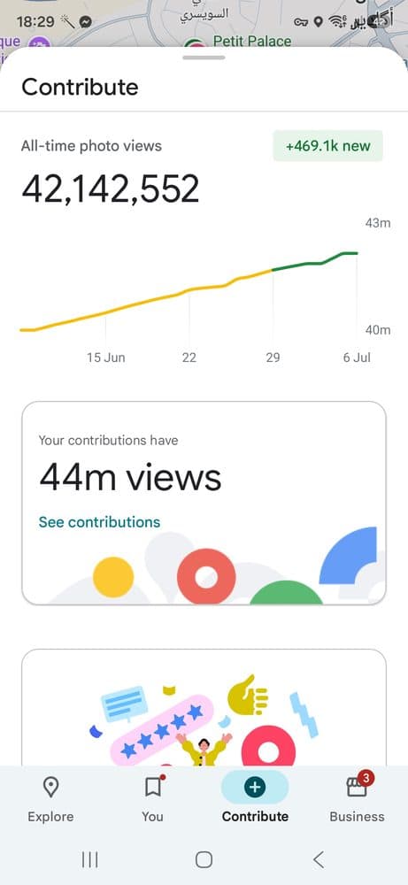 Google Maps summary showing over 44 million photo views